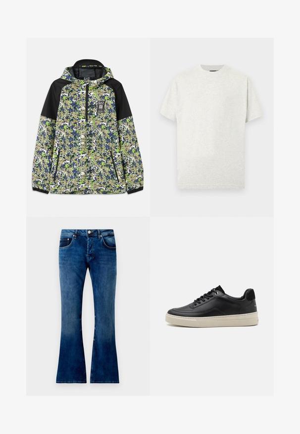 Jas met capuchon en halve rits, voorzien van een blauw, groen, wit en beige camouflagepatroon met zwarte schouderpanelen en ritszakken aan de voorkant.; Lichtgrijs katoenen T-shirt met een ronde hals, korte mouwen en een gladde textuur. Eenvoudig ontwerp zonder zichtbare patronen of accenten.; Uitlopende blauwe spijkerbroek met een middelmatige wassing, voorzien van vijf zakken, een knoopsluiting en zichtbare stiksels. Fijne textuur met lichte vervaging.; Zwart leren sneaker met een laag profiel, voorzien van een crèmekleurige rubberen zool, ronde neus en vetersluiting, geaccentueerd met een zwarte suede hiel.