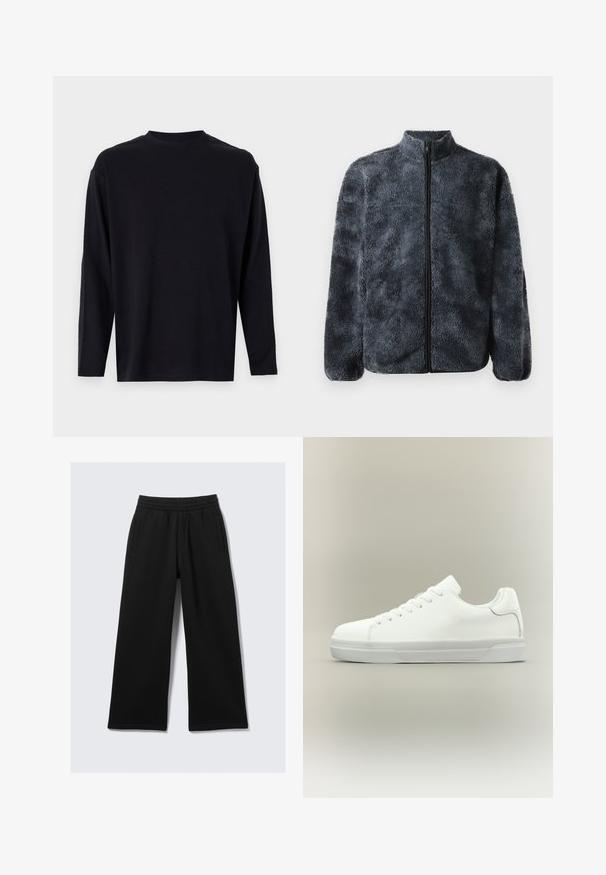 Fleece bunda tmavo šedá s vysokým golierom a predným zipsom. Má mäkký, textúrovaný povrch a elastické manžety pre väčšie pohodlie.; Čierne triko s dlhým rukávom vyrobené z hladkej tkaniny. Má okrúhly výstrih, voľný strih a žiadne viditeľné vzory ani ozdoby.; Čierne široké nohavice s elastickým pásom, dvoma bočnými vreckami a hladkým povrchom. Navrhnuté pre pohodlie a voľnosť pohybu.; Biela nízka teniska s predným zaväzovaním na šnúrky, polstrovaným golierom a textúrovanou gumovou podrážkou, zobrazená v bočnom profile na neutrálnom pozadí.