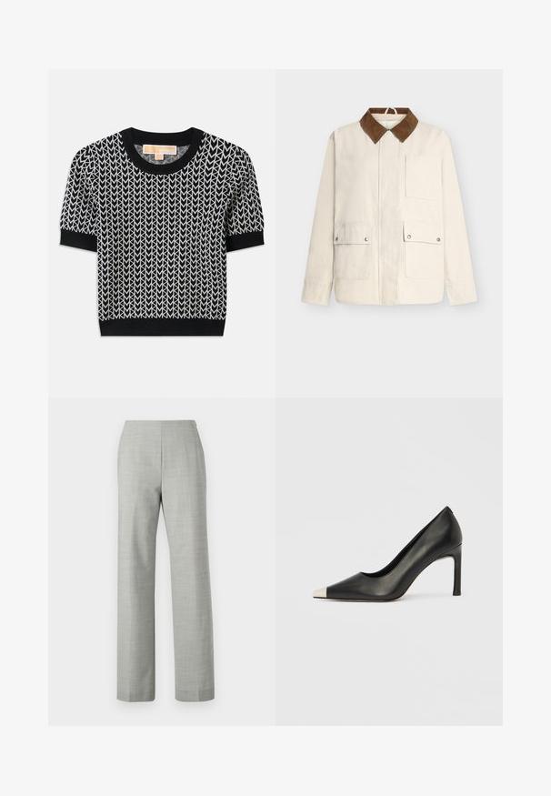 Veste beige avec col marron, fermeture éclair à l'avant et trois poches avant : deux avec rabats à bouton-pression et une poche ouverte sur la poitrine.; Pull noir à manches courtes avec un motif de flèche tissé en blanc. Col et poignets côtelés, coupe ajustée et texture douce.; Pantalons ajustés gris avec une coupe droite, fabriqués dans un tissu texturé. Présentent une taille lisse et une finition propre et minimaliste.; Chaussure à talon haut en cuir noir avec bout pointu et capuchon argenté métallique. Présente une finition lisse et un talon fin de 10 cm.