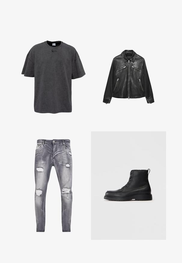 Zwarte leren jas met vier zilveren ritszakken en een voorste ritssluiting, met een klassieke kraag en lange mouwen.; Grijze oversized t-shirt van een katoenmix, met een ronde hals en korte mouwen. Het heeft een subtiele geborduurde logo op de borst.; Verbleekte grijze jeans met een slim fit, voorzien van versleten scheuren en lichte wassing op de stof, metalen knoopsluiting en traditionele voorkruisen.; Zwarte gestructureerde leren veterschoen tot de enkel met dikke zool en een lusje aan de achterkant, zijaanzicht.