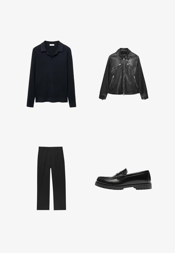 Sort læderjakke med fire sølvfarvede lynlåslommer og frontlynlås, med klassisk krave og lange ærmer.; Mørkeblå ribstrikket sweater med polo krave, lange ærmer, blød tekstur og en kant, der let buer opad. Let og afslappet design.; Sorte bukser med lige ben, lavet af et glat stof. Har frontfolder og en enkelt knaplukning i taljen.; Sort læderloafer med en kraftig gummisål og klassiske penny-strap detaljer, vist fra ydersiden.