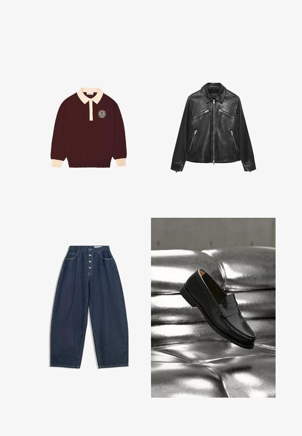 Zwarte leren jas met vier zilveren ritszakken en een voorste ritssluiting, met een klassieke kraag en lange mouwen.; Bordeaux lange mouwen polo shirt met een crèmekleurige kraag en manchet, knoopsluiting en een cirkelvormig "Prohibited Berlin" logo op de linkerkant van de borst.; Donkerblauwe denim brede broek met een hoge taille, vijfknopen sluiting en vijf zakken. Heeft stiksels op de naden.; Zwarte leren loafer zweeft boven een glanzende zilveren leren bank met knopen in een minimalistische setting.