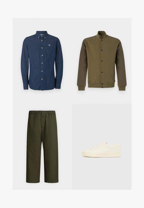 Blouson bomber vert olive avec manches vert foncé, boutons-pression devant, col, poignets et bas côtelés.; Chemise en denim bleu foncé à manches longues avec fermeture à boutons, col boutonné et logo Barbour blanc sur la poitrine gauche.; Pantalon vert foncé à coupe ample avec taille élastique, jambes droites et sans poches ni ornements visibles, présenté sur un fond uni.; Baskets couleur crème avec une tige en cuir lisse, bout arrondi, laçage à l'avant et semelle en caoutchouc texturée. Design minimaliste, sans logo.