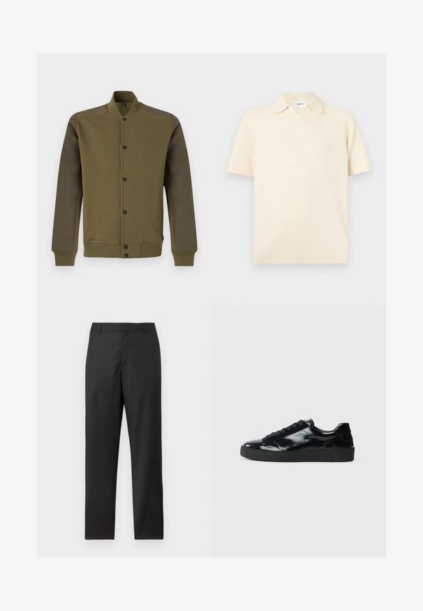 Blouson bomber vert olive avec manches vert foncé, boutons-pression devant, col, poignets et bas côtelés.; Polo à manches courtes crème texturé avec col ouvert et coupe décontractée, présenté sur un fond clair uni.; Pantalon de costume noir à jambes droites, passants pour ceinture et fermeture frontale dissimulée, présenté sur un fond blanc.; Baskets en cuir verni noir avec un bout arrondi, un laçage, une semelle en caoutchouc texturé et une finition lisse.