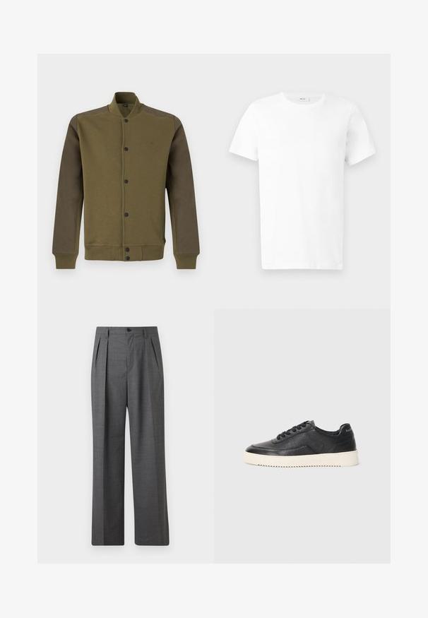 Chaqueta bomber verde oliva con mangas verdes oscuras, botones automáticos en la parte delantera y cuello, puños y dobladillo acanalados.; Camiseta blanca lisa de algodón, de manga corta y cuello redondo, mostrada estirada sobre un fondo gris claro.; Pantalones formales grises plisados con cintura abotonada y bolsillos laterales, mostrados sobre un fondo liso.; Zapatillas de cuero negro con acabado texturizado, puntera redonda y suela de goma blanca plana. Presenta cordones negros y una marca en el talón.