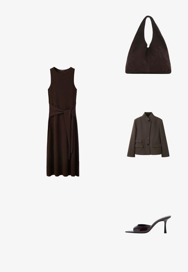 Veste marron cintrée avec un col montant, trois boutons noirs et deux poches à rabat de chaque côté à l'avant.; Robe midi marron foncé sans manches avec encolure ronde et ceinture en tissu attachée à la taille, présentée sur fond blanc.; Mule en cuir verni noir à bout ouvert avec un talon stiletto fin de hauteur moyenne et une bride supérieure basse.; Sac à bandoulière triangulaire marron foncé doux avec une poignée large unique en haut et une texture de surface lisse.