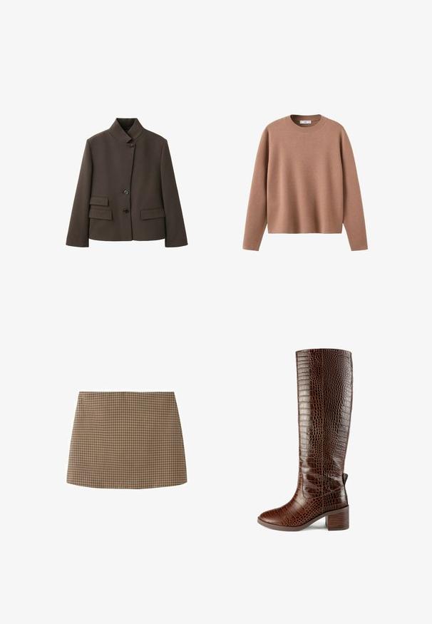 Brun skræddersyet jakke med høj krave, tre sorte knapper og to klaplommer på hver side foran.; Lysebrun crewneck-trøje med lange ærmer, ribbet krave og et enkelt, ensfarvet strikdesign.; Brun og beige ternet A-formet mininederdel med et diskret gittermønster, flad front og lige kant.; L37 SIMPLE LIFE - Høje støvler/ Støvler - brown