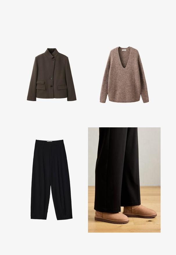 Veste marron cintrée avec un col montant, trois boutons noirs et deux poches à rabat de chaque côté à l'avant.; Pull marron tricoté à manches longues avec col en V profond et coupe décontractée, présenté sur fond blanc.; Pantalons larges noirs en tissu léger, avec des plis avant, une taille classique et des poches latérales. Texture douce.; Bottines en suede marron avec une semelle en caoutchouc plate, un bout rond et des coutures minimales, portées avec un pantalon large noir sur un sol en bois.