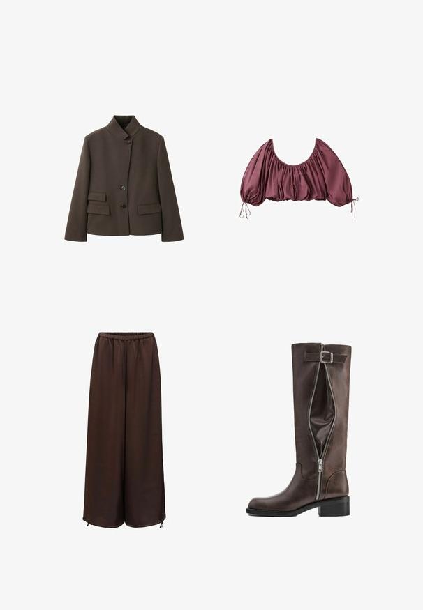 Veste marron cintrée avec un col montant, trois boutons noirs et deux poches à rabat de chaque côté à l'avant.; Blouse courte épaules dénudées en mauve foncé, avec tissu froncé et manches bouffantes élastiquées, nouées aux poignets.; Pantalon marron à jambes larges avec taille élastique et léger détail de cordon aux larges ourlets, présenté sur fond blanc.; Botte haute en cuir marron foncé avec une fermeture éclair latérale partiellement ouverte et une sangle décorative à boucle près du haut.