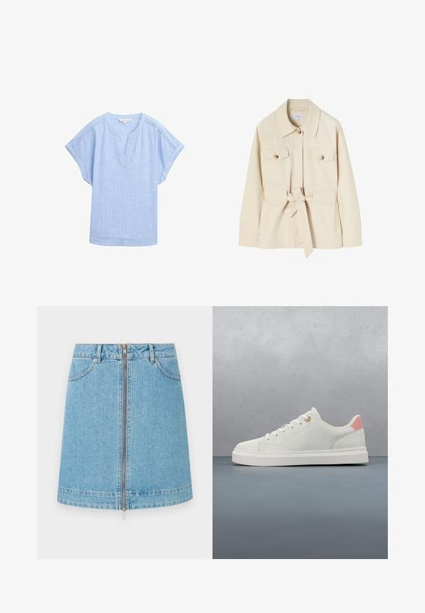 Beige utilityjack in katoen, met een kraag, twee zakken aan de voorkant, knoopsluitingen en een ceintuur in de taille voor een verstelbare pasvorm.; Lichtblauw shirt met korte mouwen in een ademende stof, met een v-hals en een subtiele textuurpatroon overal.; Lichtblauwe denim rok met een rits aan de voorkant, ceintuurlussen en voorzakken, weergegeven tegen een effen achtergrond.; Witte lage sneaker met roze hielriem en gouden veteroogje, gestrikt, zwevend boven houten tegel en kiezelgrond buiten.