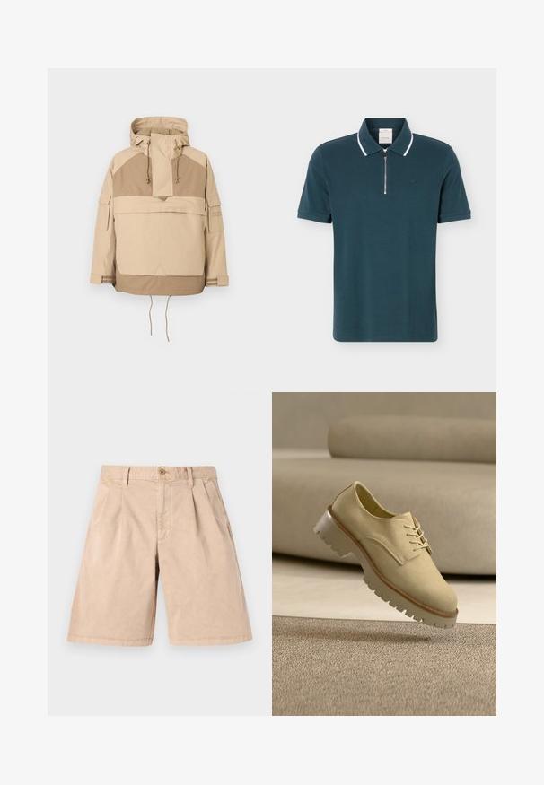 Beige hættejakke med halv-zip foran, stor frontlomme og justerbare snore i kanten og hætten. Har kontrasterende paneler.; Mørk teal kortærmet polotrøje med hvidkantet krave og forreste lynlås, med en lille "CK"-logo på brystet.; Beige shorts lavet af bomuld, med en lige pasform, plisseret front, sidelommer og en enkelt knaplukning i taljen.; Beige ruskinds snøresko med kraftig sål svæver over et tekstureret tæppe, neutralfarvet sofa i baggrunden. Ingen mennesker til stede.