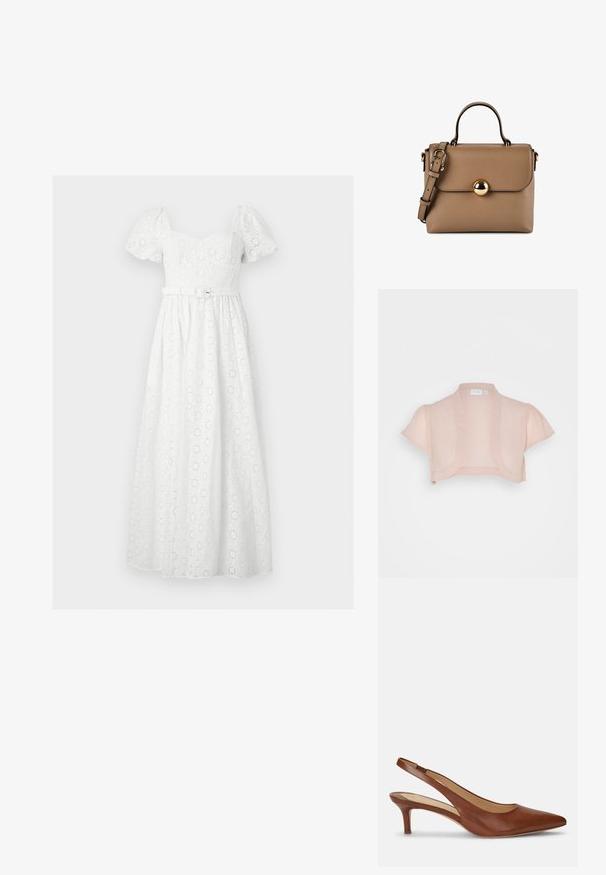 VILA VIKATHRINA CROPPED BOLERO - Letná bunda - misty rose; Biele maxi šaty z dierkovanej čipky s volánovými rukávmi, výstrihom v tvare srdca a pásikom z rovnakého materiálu v páse.; Hnedá kožená dámska slingback topánka so špicatou špičkou a nízkym kitten podpätkom na bielom pozadí.; Hnedá kožená kabelka s horným uchom, nastaviteľným ramenným popruhom a okrúhlym zlatým zapínaním na prednej chlopni.