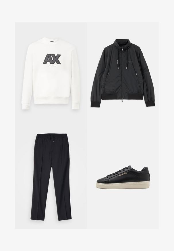 Musta kevyt vetoketjullinen takki, jossa on seisomakaulus, vetoketjulliset sivutaskut, narut, ribbireunat ja Armani Exchange -logo rinnassa.; Valkoinen huppari pehmeästä kankaasta. Sen etupuolella on vaikuttava musta ja harmaa "AX" -logo, jossa on kiiltävä rakenne, ja sen alla lukee "ARMANI EXCHANGE".; sandro ALPHA - Chinot - noir; Musta nahkakengät, joissa on sileä pinta, kontrastoiva kerma värinen pohja, pyöreä kärki, kultainen logo sivussa ja kuusi reikää nauhoille.