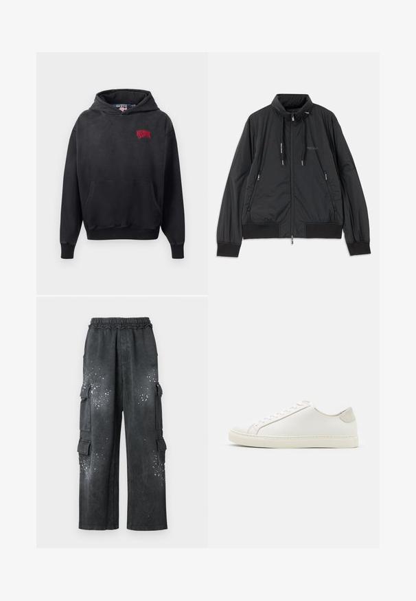 Chaqueta negra ligera con cremallera y cuello alzado, bolsillos laterales con cremallera, cordones, puños de canalé y logo de Armani Exchange en el pecho.; Sudadera negra con bolsillo frontal, con un logo bordado en rojo en la parte superior izquierda. Tejido suave y capucha ajustable.; Pantalones cargo negros con cintura elástica, bolsillos laterales y un acabado texturizado, con motas blancas en la parte frontal.; Zapatilla blanca de cuero con una superficie suave, punta redonda y diseño minimalista. Presenta acentos en beige en el talón y una suela de goma.