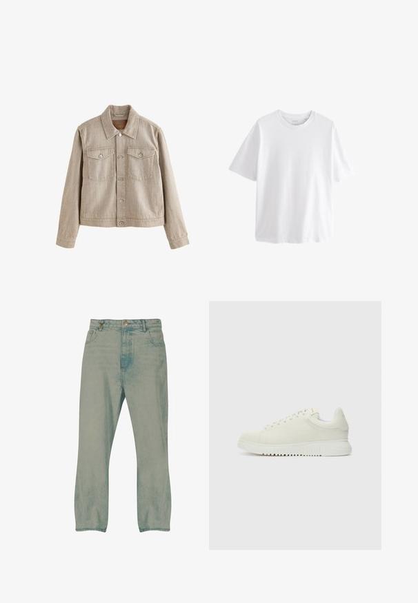 Veste en denim beige clair avec manches longues, fermeture boutonnée devant, deux poches poitrine à rabat avec boutons et col pointu.; T-shirt blanc uni à manches courtes et col rond avec une coupe décontractée, présenté sur un fond blanc.; Jean droit bleu clair avec bouton à l'avant, passants pour ceinture et poches avant, présenté sur un fond blanc.; Baskets blanches en cuir avec un dessus texturé, bout rond, semelle plate blanche et lacets ton sur ton. Marque discrète sur la languette.