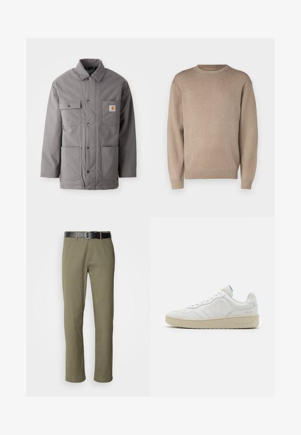 Grå, vandafvisende jakke med knaplukning, to brystlommer og to nederste lommer. Har en standard krave og et logo-patch.; Beige strikket sweater med rund hals, lange ærmer og ribbede manchetter og kant; glat tekstur med et ensartet mønster.; Olivengrønne lige ben bukser lavet af bomuld, med et sort læderbælte, synlig søm og sidelommer.; Hvide lædersneakers med struktureret overflade og polstret krave. Har en beige gummisål og diskret branding på hælen og siden.