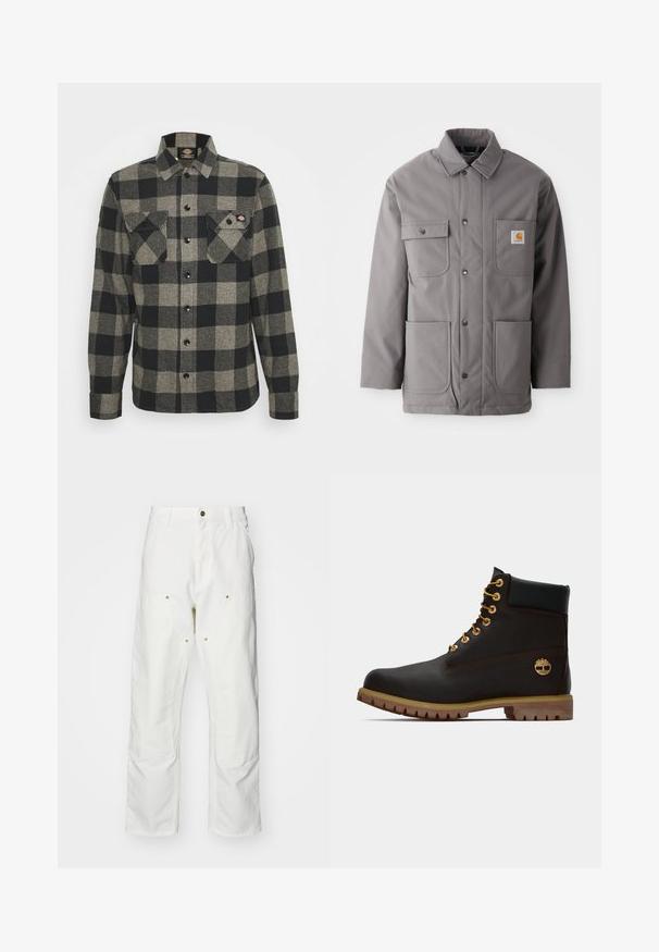 Grau, wasserabweisende Jacke mit Knopfverschluss, zwei Brusttaschen und zwei unteren Taschen. Verfügt über einen klassischen Kragen und ein Logo-Patch.; Schwarzes und graues kariertes Flanellhemd mit langen Ärmeln, Knopfverschluss vorne, zwei Brusttaschen und einem leicht abgerundeten Saum. Strukturiert. ; Weiße Baumwoll-Cargohose mit lockerer Passform. Zu den Merkmalen gehören Fronttaschen, goldfarbene Hardware-Akzente und verstärkte Kniebereiche.; Schwarze Leder-Ankle-Boots mit goldenen Ösen, braunen Akzenten und einer Gummisohle. Verfügt über einen gepolsterten Schaft und ein geprägtes Logo an der Seite.