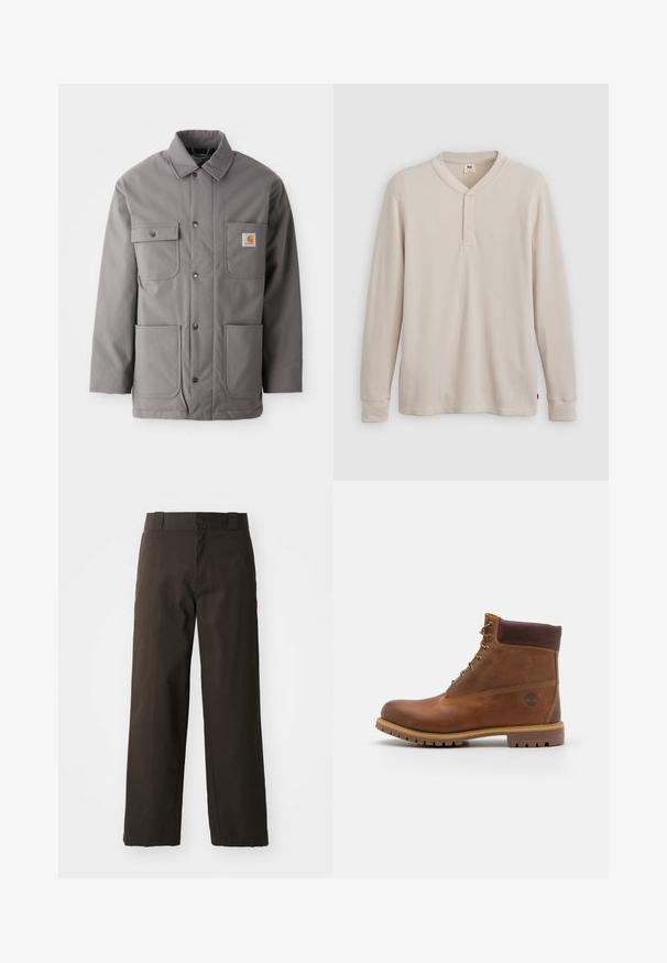 Grijze, waterdichte jas met een knopenrij, twee borstzakken en twee zakken onderaan. Bevat een standaardkraag en een logo-patch.; Lange mouwen henley-shirt in lichtbeige ribbelstof, met een V-hals, een drieknoopsluiting en manchetten. Rode logo-label aan de onderkant.; Zwarte katoenen broek met een recht model, voorzien van een knoopsluiting en een klassieke tailleband. Gladde textuur, zonder patronen of accenten.; Bruine leren wandelschoen met een gladde afwerking, gevoerde enkel, metalen oogjes en een rubberen zool met een robuust profiel.