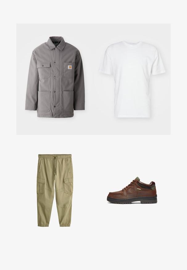 Grijze, waterdichte jas met een knopenrij, twee borstzakken en twee zakken onderaan. Bevat een standaardkraag en een logo-patch.; Witte katoenen T-shirt met korte mouwen, ronde halslijn en een gladde textuur. Eenvoudig ontwerp zonder patronen of afbeeldingen.; Licht olijfgroene cargobroek van zachte stof, met een elastische tailleband, trekkoord, meerdere zakken en elastische manchetten.; Bruin leren schoen met een klassiek ontwerp, uitgerust met een vetersluiting, groene accenten en een robuuste zwarte rubberen zool. GORE-TEX® label zichtbaar.