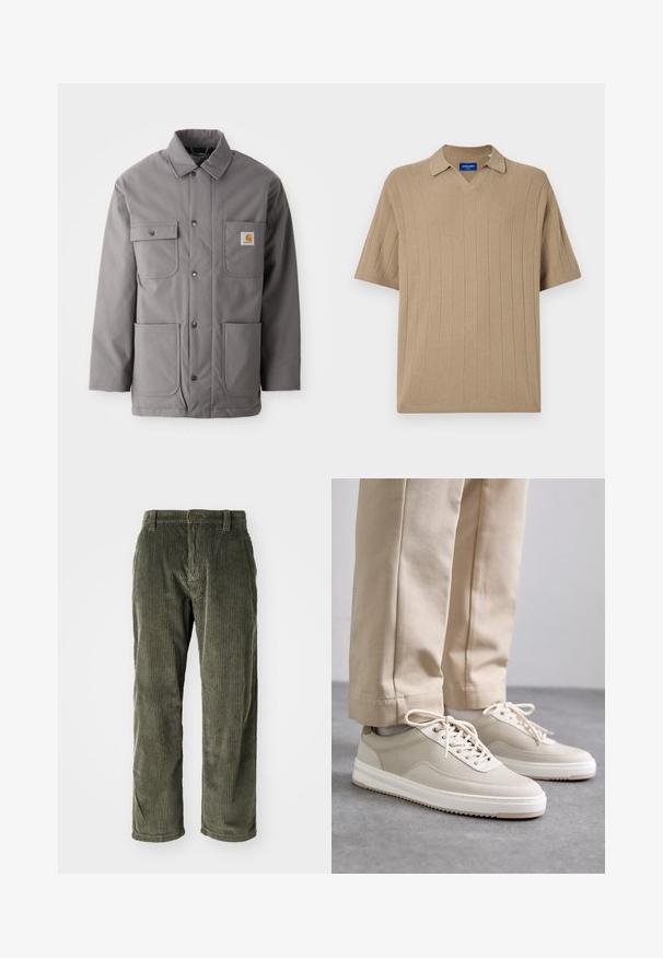 Chaqueta gris, resistente al agua, con cierre de botones en el frente, dos bolsillos en el pecho y dos bolsillos inferiores. Cuenta con un cuello estándar y un parche con el logotipo.; Jack & Jones Knitted Plain Knitted - Polo - silver sage; Pantalones de pana color verde oliva con acanalado vertical, que presentan un cierre de botón y un diseño de pierna recta. Textura suave con un ajuste clásico.; Zapatillas beige con parte superior texturizada, suelas blancas y detalles cosidos, combinadas con pantalones beige, exhibidas sobre una superficie gris.