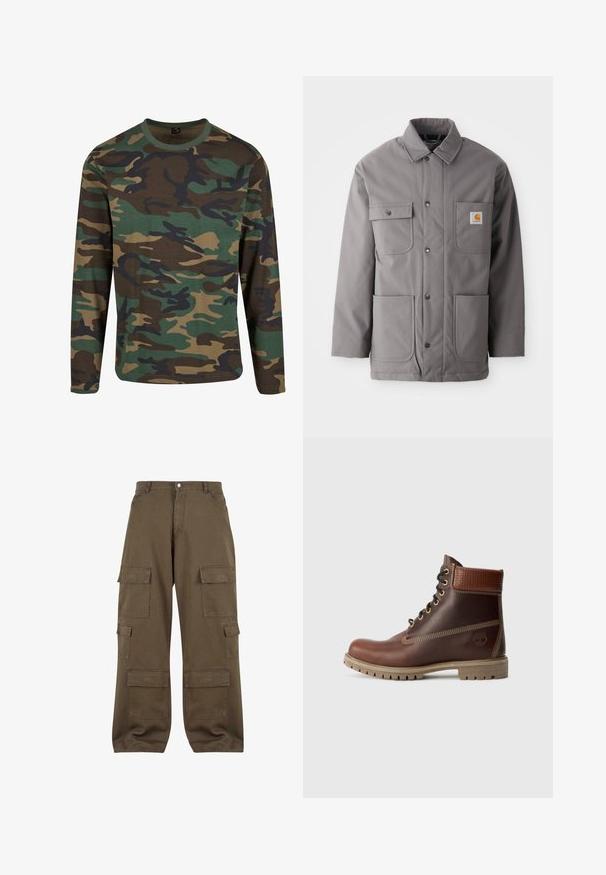 Grau, wasserabweisende Jacke mit Knopfverschluss, zwei Brusttaschen und zwei unteren Taschen. Verfügt über einen klassischen Kragen und ein Logo-Patch.; Langärmliges Camo-T-Shirt in Erdtönen; mit grünen, braunen und schwarzen Mustern; Rundhalsausschnitt; weicher Stoff; lässige Passform.; Cargo-Hosen aus olivgrüner Baumwolle, ausgestattet mit mehreren Seitentaschen, einem Knopfverschluss und einem entspannten Schnitt.; Braune Leder-Schnürstiefelette mit gepolsterter Knöchelpartie, kontrastierenden Nähten und robustem Sohlendesign, von der Außenseite auf einem weißen Hintergrund gezeigt.