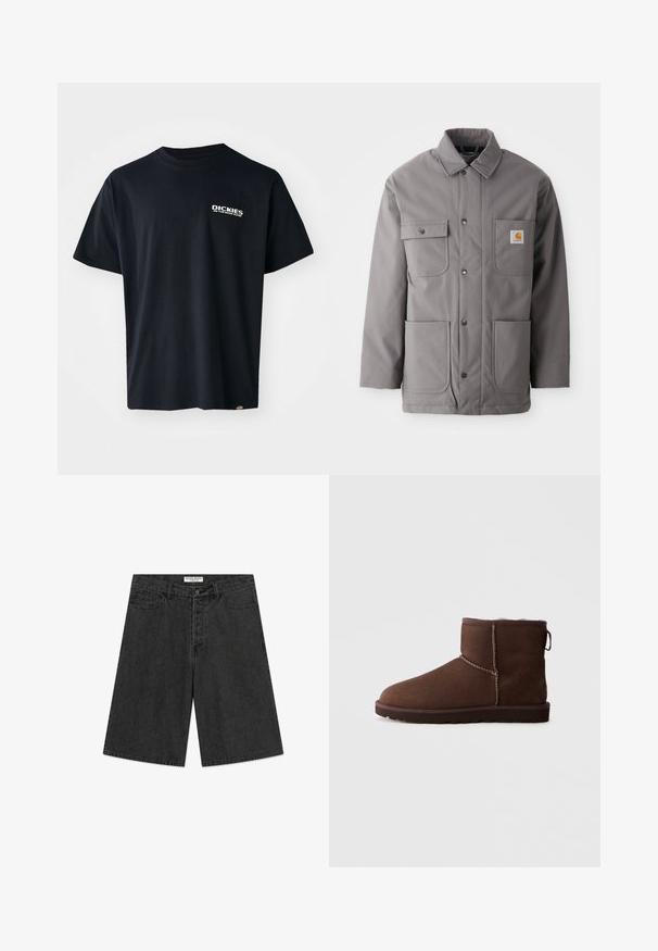 Grå, vandafvisende jakke med knaplukning, to brystlommer og to nederste lommer. Har en standard krave og et logo-patch.; Sort kortærmet t-shirt lavet af bomuld, med et hvidt grafisk tekstlogo på venstre bryst, lige snit og et mærke på siden.; Sort denimshorts med afslappet pasform, der har lige ben, fem-lomme-design og diskrete syningsdetaljer.; Brune ruskindsankelstøvle med synlig syning, flad sål og blød foring, set fra ydersiden mod en ensfarvet baggrund.
