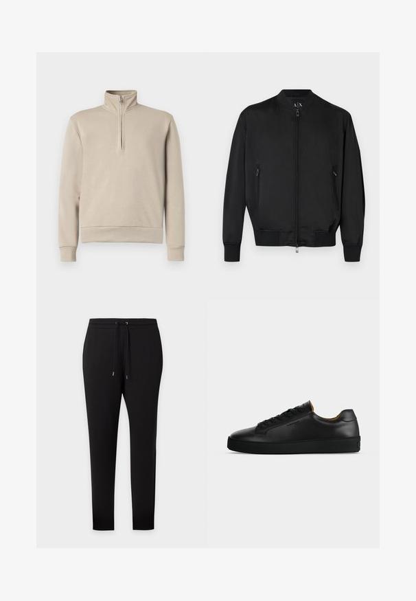 Blouson bomber noir avec fermeture éclair frontale, poches latérales zippées, poignets et ourlet côtelés, et petit logo embossé sur la poitrine.; Sweatshirt beige à col montant avec une fermeture éclair mi-zip, manches longues et poignets et ourlet côtelés. Texture de tissu douce, design minimal.; Pantalon de survêtement noir slim fit avec taille élastique et cordon, poignets aux chevilles, présenté sur fond uni.; Basket basse en cuir noir avec lacets noirs, semelle en caoutchouc texturée et petit logo embossé sur le côté, présenté de profil sur fond gris.