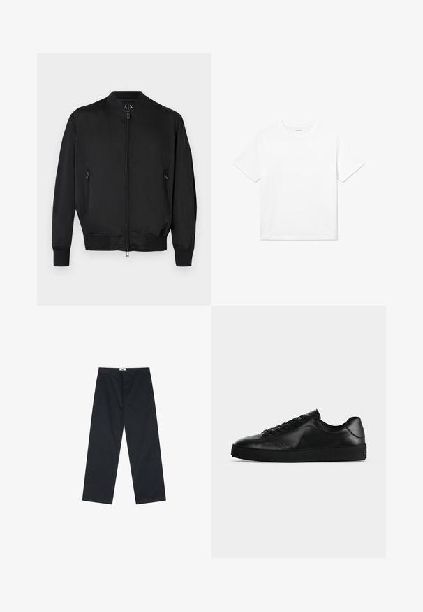 Blouson bomber noir avec fermeture éclair frontale, poches latérales zippées, poignets et ourlet côtelés, et petit logo embossé sur la poitrine.; T-shirt en coton blanc avec des manches courtes, un col rond et un ourlet droit. Texture lisse sans motifs ni accents visibles.; Pantalon en coton noir avec une coupe droite, doté d'une fermeture à bouton et d'une taille simple. Sans motifs ni accents supplémentaires.; Sneaker noir en cuir à profil bas avec lacets sur le devant et semelle plate texturée, montré de profil sur un fond neutre.
