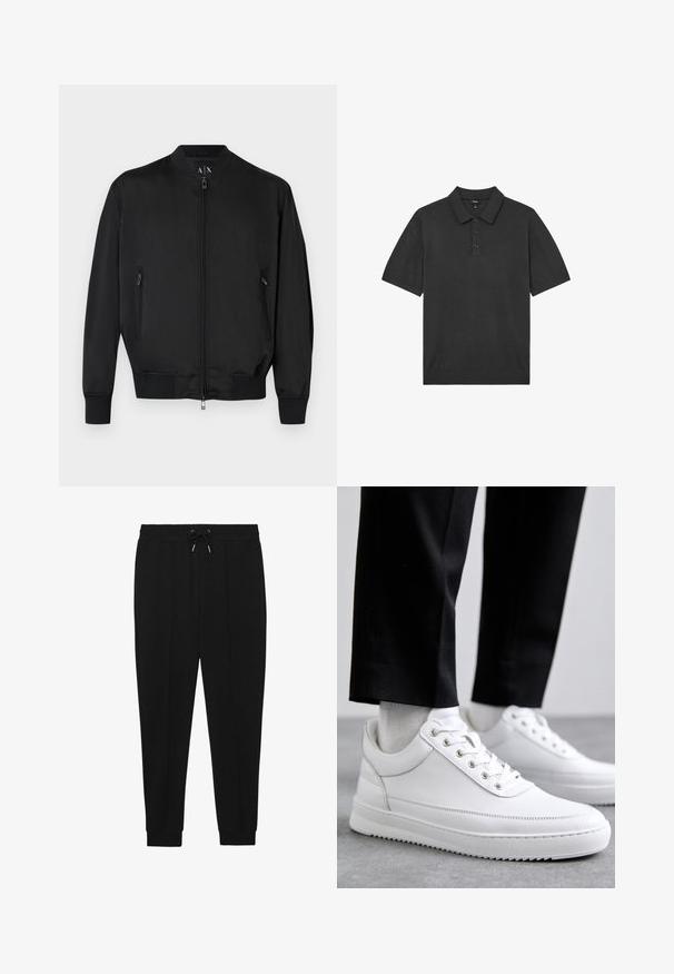 Zwarte bomberjas met voorrits, ritssluitingen aan de zijzakken, geribde manchetten en zoom, en een klein geperst logo op de borst.; Zwart poloshirt met korte mouwen, drieknoopsluiting en gebreide kraag, plat weergegeven op een witte achtergrond.; Zwarte sportbroek met een trekkoord in de taille, taps toelopende benen en ribbels aan de manchetten. Gemaakt van een zachte stof met een gladde textuur.; Witte leren sneakers met een platte rubberen zool, met een soepele afwerking, ronde neus en metalen oogjes voor de veters. Draag ze met een zwarte broek.