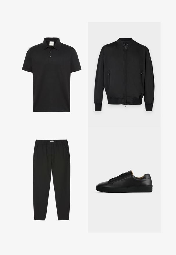 Blouson bomber noir avec fermeture éclair frontale, poches latérales zippées, poignets et ourlet côtelés, et petit logo embossé sur la poitrine.; Polo noir à manches courtes avec col et trois boutons, arborant un discret logo Calvin Klein sur la poitrine.; Pantalon noir avec taille élastique, jambes droites et poches latérales, conçu pour un usage décontracté ou professionnel.; Basket basse en cuir noir avec lacets noirs, semelle en caoutchouc texturée et petit logo embossé sur le côté, présenté de profil sur fond gris.