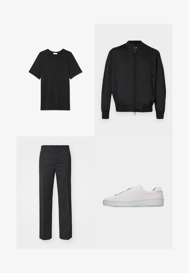 Must bomberjakk es esiküljel lukuga, lukuga küljetaskud, soonilised varrukapääred ja ääred ning väike reljeefne logo rinnal.; Must musta T-särk lühikeste varrukatega, ümmarguse kaelusega ja siledast kangast. Ilma mustrite või kaunistusteta. Lihtne ja klassikaline disain.; Filippa K TROY TROUSERS - Püksid - black; Madala valge nahast toss valgete paelte, lameda tekstuurse kummipõhja ja minimaalse õmblusega, nähtavust välimise küljega valgel taustal.