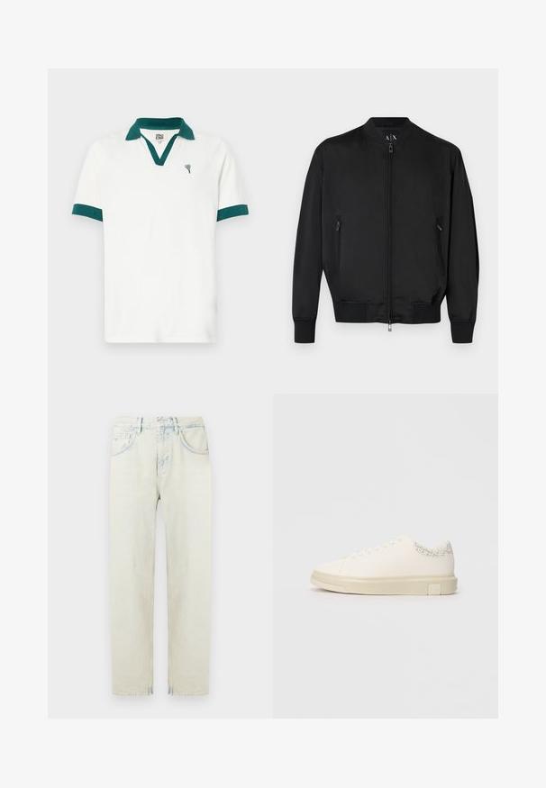 Zwarte bomberjas met voorrits, ritssluitingen aan de zijzakken, geribde manchetten en zoom, en een klein geperst logo op de borst.; Witte poloshirt met een teal kleurige kraag en accenten op de mouwen, voorzien van een klein hartvormig logo. Gemaakt van een zachte stof met een klassieke snit.; Lichtblauwe denim jeans met een ontspannen pasvorm, vijfzakkenontwerp en rechte pijpen. Heeft vervaagde delen en gestikte details.; Witte sneaker met een gladde canvas bovenkant, platte veters, gevoerde kraag en een gestructureerde grijze accent aan de achterkant. Dikke rubberen zool.