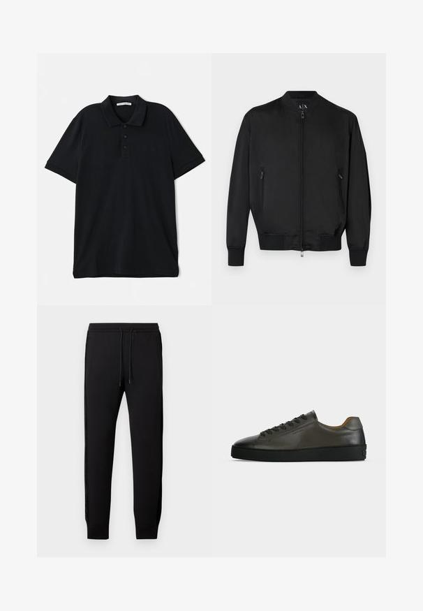 Schwarze Bomberjacke mit Frontreißverschluss, seitlichen Reißverschlusstaschen, gerippten Bündchen und Saum sowie einem kleinen geprägten Logo auf der Brust.; Schwarzes Poloshirt aus Baumwolle, mit klassischem Kragen, Dreiknopf-Leiste, kurzen Ärmeln und einem dezenten Logo-Detail auf der Vorderseite.; Schwarze Jogginghose mit Kordelzugbund, elastischen Bündchen, Seitentaschen und Satin-Streifen entlang der Außennähte.; Niedriger dunkelgrauer Ledersneaker mit schwarzen Schnürsenkeln und Sohle, minimalistisches Design, Seitenprofil vor einem schlichten hellen Hintergrund.