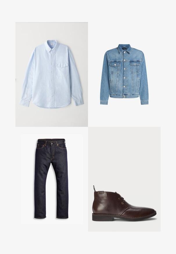 Lysblå denimjakke med et klassisk design, frontlukning med knapper, to brystlommer og lange ærmer med knapmanchetter.; Lyseblå skjorte med knapper lavet af blødt stof, med klassisk krave, lange ærmer og en brystlomme med klap.; Mørkeblå lige ben denim jeans med fem lommer og orange kontrastsyning, lagt fladt ud mod hvid baggrund.; Mørkebrun læder ankelstøvle med to snørrehuller, pull-tab ved hælen og sort gummisål, vist fra ydersiden på en hvid baggrund.