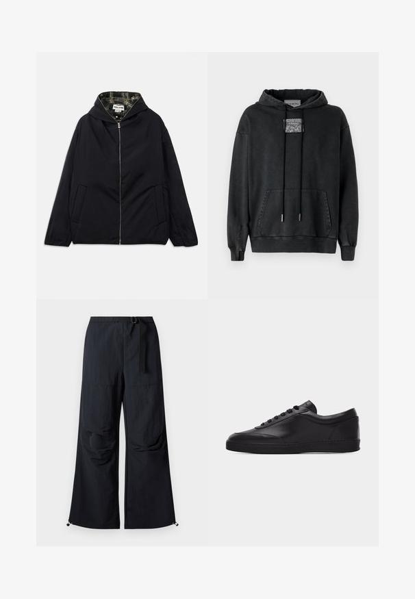 Chaqueta ligera negra con capucha, cremallera frontal, dos bolsillos laterales y forro de cuadros en el interior. Presenta un corte relajado y una textura suave.; Iceberg Jersey con capucha - nero; Pantalones negros de pierna ancha hechos de tela ligera. Cuentan con un cinturón, dos grandes bolsillos laterales y dobladillos ajustables con cierres de cordón.; Zapatilla baja negra de cuero con cordones en la parte delantera y suela plana de goma, mostrada de perfil sobre un fondo blanco liso.