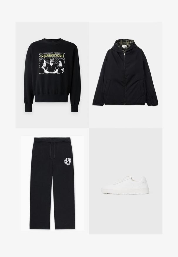 Zwarte lichtgewicht jas met een capuchon, rits aan de voorkant, twee zijzakken en een geruite voering aan de binnenkant. Kenmerkt zich door een relaxte pasvorm en een gladde textuur.; Zwarte sweatshirt met lange mouwen en geribbelde manchetten. De frontafbeelding toont drie figuren in een retro ontwerp met gele en witte tekstaccenten.; Zwarte gebreide broek met een ontspannen pasvorm, voorzien van een tailleband met trekkoord en een wit geborduurd logo op de linker dij.; Witte sneaker met een gladleren bovenkant, ronde neus, veters, gestructureerde zijaccenten en een dikke rubberen zool. Minimalistisch ontwerp.