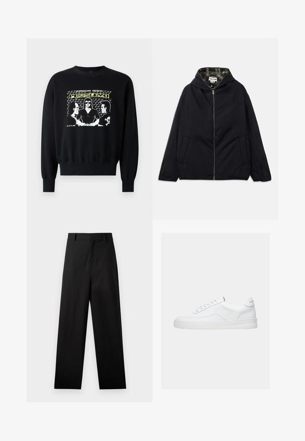 Schwarze leichte Jacke mit Kapuze, Frontreißverschluss, zwei seitlichen Taschen und karierter Futterinnenseite. Sie hat eine lockere Passform und eine glatte Textur.; Schwarzer Pullover mit langen Ärmeln und gerippten Bündchen. Die Grafik auf der Vorderseite zeigt drei Figuren in einem Retro-Design mit gelben und weißen Textelementen.; Schwarze Baumwollhosen mit geradem Bein, ausgestattet mit einem vorderen Knopfverschluss und Seiten Taschen. Glatte Textur, keine Muster.; Weißer Sneaker mit niedrigem Schaft, Schnürdesign, glattem Lederobermaterial und dicker Sohle, von der Seite auf einfachem Hintergrund gezeigt.