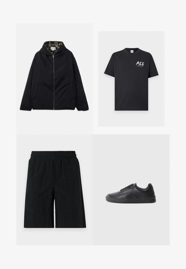 Veste noire légère avec capuche, fermeture éclair à l'avant, deux poches latérales et doublure à carreaux à l'intérieur. Présente une coupe décontractée et une texture lisse.; T-shirt noir à manches courtes avec col rond, logo blanc "ACG" et petit texte "FOR OUTDOOR USE" sur la poitrine gauche.; Shorts noirs avec une taille élastique, en tissu texturé, de coupe longueur genou et avec des poches latérales.; Chaussure de sport en cuir noir avec une finition lisse, bout arrondi, panneau latéral texturé et lacets noirs. Présente une semelle en caoutchouc plate et un design minimaliste.