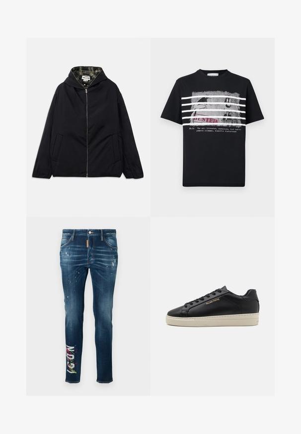 Veste noire légère avec capuche, fermeture éclair à l'avant, deux poches latérales et doublure à carreaux à l'intérieur. Présente une coupe décontractée et une texture lisse.; T-shirt noir avec des rayures blanches sur un graphisme en noir et blanc du personnage de dessin animé Sylvester derrière des barreaux, avec le mot « BUSTED » et un texte en dessous.; Jean en denim bleu à coupe slim, avec des éclaboussures de peinture et un texte graphique coloré sur la jambe gauche. Couture contrastée le long des coutures.; Sneaker en cuir noir avec une finition lisse, semelle crème contrastante, bout arrondi, logo doré sur le côté et six œillets pour les lacets.