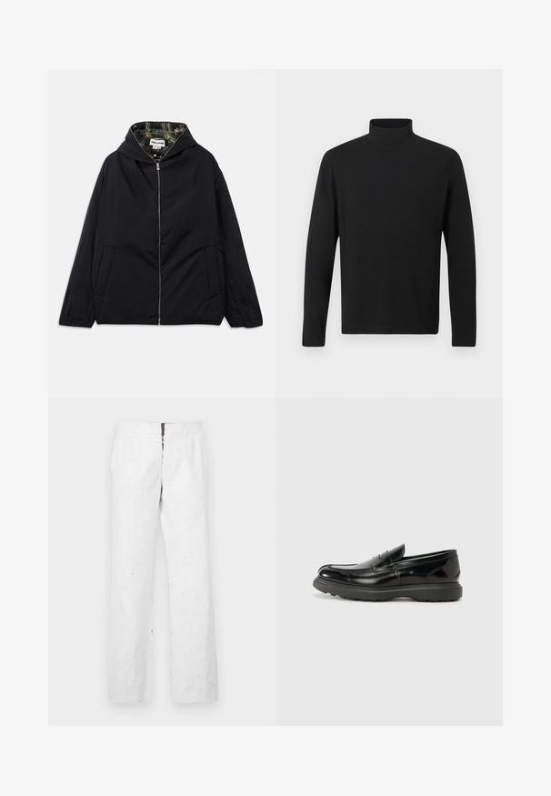 Chaqueta ligera negra con capucha, cremallera frontal, dos bolsillos laterales y forro de cuadros en el interior. Presenta un corte relajado y una textura suave.; Camisa de cuello alto negra hecha de una tela suave. Cuenta con mangas largas y un collar alto. Diseño sencillo sin patrones ni acentos adicionales.; Pantalones blancos de pierna ancha con una superficie texturizada. Cuentan con una cintura de altura media y un cierre frontal con cremallera de metal.; Mocasín de cuero negro con un acabado brillante, punta redondeada, detalles de costura sutiles y una suela de goma gruesa para mayor durabilidad.