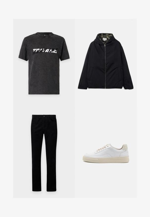 Veste noire légère avec capuche, fermeture éclair à l'avant, deux poches latérales et doublure à carreaux à l'intérieur. Présente une coupe décontractée et une texture lisse.; T-shirt en coton noir avec un col ras du cou, affichant un design graphique blanc audacieux et usé sur la poitrine. Manches courtes.; Pantalons en velours côtelé noirs avec une coupe droite, dotés de poches avant et d'une fermeture par bouton en métal. Texture douce avec des côtes verticales.; Sneaker blanche avec un dessus en cuir lisse, des lacets beige et un onglet de talon en daim beige texturé. Semelle surélevée pour une hauteur supplémentaire.