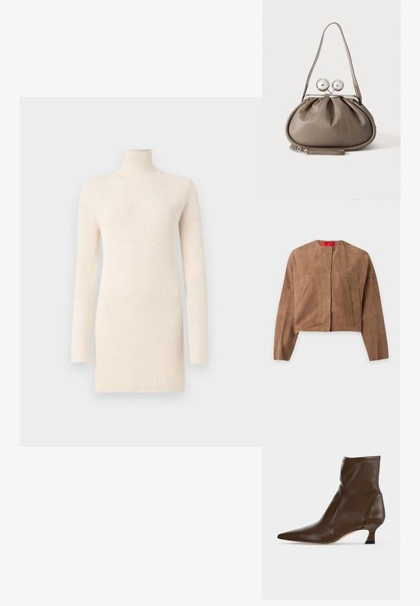 Veste courte en daim marron avec manches longues, col rond et deux poches avant, présentée sur un fond uni.; Robe crème en col roulé en tissu tricoté à côtes. Présente des manches longues et une silhouette ajustée, offrant un aspect lisse et texturé.; Bottine en cuir marron à bout pointu et talon bas incurvé sur fond clair.; Sac à main en cuir gris de forme arrondie, fermeture supérieure avec deux grandes sphères argentées, et une seule anse.