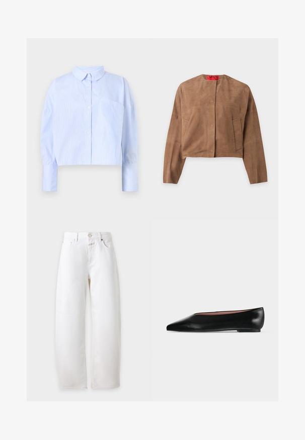 Braune Wildleder-Cropped-Jacke mit langen Ärmeln, rundem Ausschnitt und zwei Fronttaschen, auf einfarbigem Hintergrund gezeigt.; Gekürzte Hemdbluse in Hellblau mit weißen vertikalen Streifen, ausgestattet mit einem Kentkragen und einer Brusttasche. Weicher Stoff.; Weiße Jeans mit weitem Bein, Gürtelschlaufen, vorderem Knopf, Reißverschluss und Taschen auf hellem einfarbigem Hintergrund.; Schwarzer flacher Damenleder-Schuh mit spitzer Kappe und niedrigem Absatz, von der Seite auf einfarbigem hellgrauem Hintergrund gezeigt.