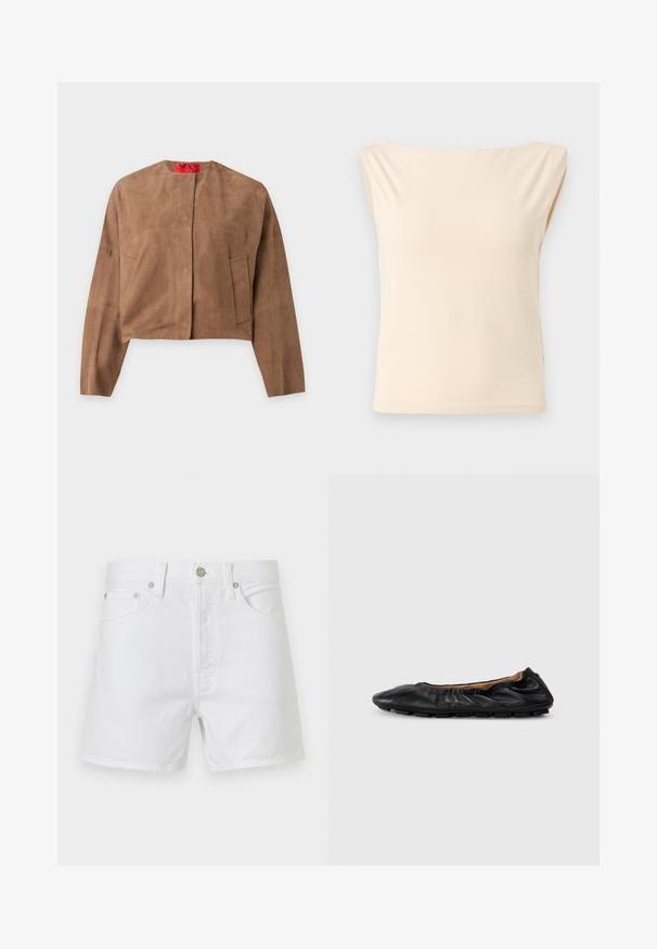 Veste courte en daim marron avec manches longues, col rond et deux poches avant, présentée sur un fond uni.; Blouse sans manches beige avec larges épaules et encolure bateau, présentée sur un fond gris clair uni.; Short en denim blanc avec poches à l’avant, passants pour ceinture et fermeture par bouton métallique, présenté sur un fond uni.; Ballerines en cuir noir avec des détails froncés au col, bout rond et semelle en caoutchouc flexible. Texture lisse dans l'ensemble.
