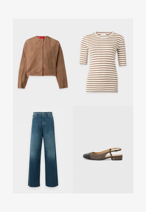 Bruine suède cropped jas met lange mouwen, ronde hals en twee voorzakken, afgebeeld op een effen achtergrond.; Beige en wit horizontaal gestreept kort mouw gebreide top met een ronde hals en een slanke pasvorm.; Blauwe denim wijde jeans met hoge taille, knoop- en ritssluiting aan de voorkant en voorzakken tegen een effen achtergrond.; Slingback schoen met een bruine gestreepte stoffen bovenkant en een zwarte leren neus. Heeft een kleine blokhak en een gespstrap.