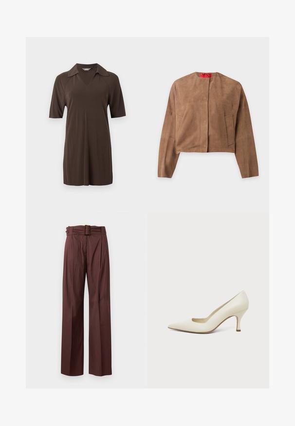 Veste courte en daim marron avec manches longues, col rond et deux poches avant, présentée sur un fond uni.; Robe polo marron foncé à manches courtes avec col et encolure en V, présentée sur un fond clair uni.; Pantalon marron taille haute à jambes larges, devant plissé et ceinture assortie avec boucle rectangulaire en écaille.; Chaussure à talon haut en cuir couleur crème, à bout pointu et talon fin de hauteur moyenne, sur un fond clair uni.