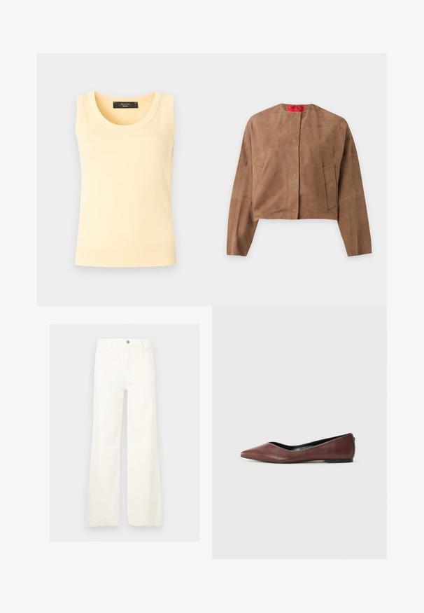 Veste courte en daim marron avec manches longues, col rond et deux poches avant, présentée sur un fond uni.; Débardeur en maille côtelée sans manches de couleur jaune pâle avec col rond et étiquette de marque noire à l'intérieur du col.; Pantalon blanc à jambes larges en coton. Comprend un bouton à l'avant, des passants pour ceinture et deux poches arrière. Texture lisse avec une finition nette.; Ballerine en cuir marron à bout pointu avec semelle noire présentée de profil sur fond blanc.