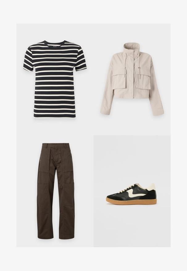 Veste beige raccourcie en tissu léger, dotée d'un col montant, d'un cordon de serrage ajustable et de deux grandes poches à rabat à l'avant.; T-shirt bleu marine avec des rayures crémeuses horizontales, encolure ronde, manches courtes et en coton doux. Les bords sont finement finis.; Pantalons cargo marron en tissu robuste, dotés de plusieurs poches, d'une coupe décontractée et de coutures proéminentes pour plus de durabilité.; Baskets en daim et cuir noir avec un swoosh latéral crème et un talon crème clair. Dotées de lacets beige et d'une semelle en caoutchouc gomme.