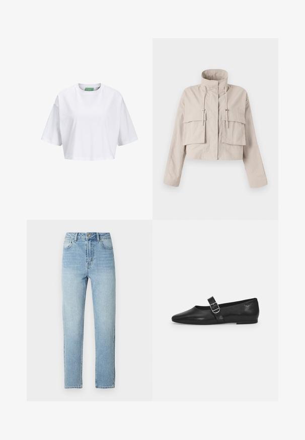 Beige Jacke in Cropped-Form aus leichtem Stoff, mit Stehkragen, verstellbarem Kordelzug und zwei großen Klappentaschen auf der Vorderseite.; Weißes, kurzärmliges Crop-Top aus Baumwolle mit Rundhalsausschnitt. Grünes Etikett innen mit sichtbar Markenname.; Hellblaue Denim-Jeans mit geradem Schnitt, Fünf-Taschen-Design, Metallknopfverschluss und dezenten Whiskering-Details auf der Vorderseite.; Schwarzer Lederflatschuh mit runder Zehenform, einem verstellbaren Schnallenriemen und einer glatten, glänzenden Oberfläche. Minimalistisches Design mit einem niedrigen Absatz.