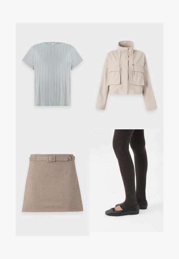 Chaqueta beige corta hecha de una tela liviana, con cuello alzado, cordón ajustable y dos grandes bolsillos con solapa en la parte delantera.; Top de manga corta gris claro con textura acanalada y cuello redondo, que presenta rayas verticales en la tela.; Pantalones cortos en patrón de houndstooth marrón y beige con cintura Ceñida y líneas limpias, estructura ajustada y textura de tela suave.; Piernas con leggings oscuros acanalados combinados con bailarinas negras que presentan pequeños detalles de lazo sobre un fondo blanco.